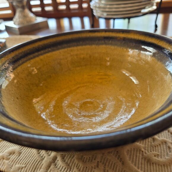 Handcrafted Ceramic Bowl with Blue and Tan Stripes - Picture 6 of 8